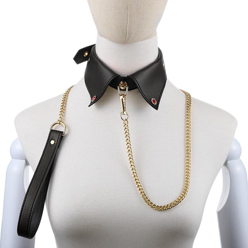 PU Leather Collar and Leash Neck Bondage Restraint with Steel Chain SM Sex Toy for Couple Women Men