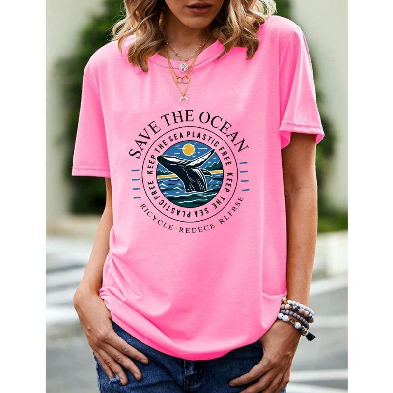 Spring Summer Whale Swimming Letter Pattern Printed Loose Fitting Cotton Short Sleeved Round Neck T-Shirts Women’s