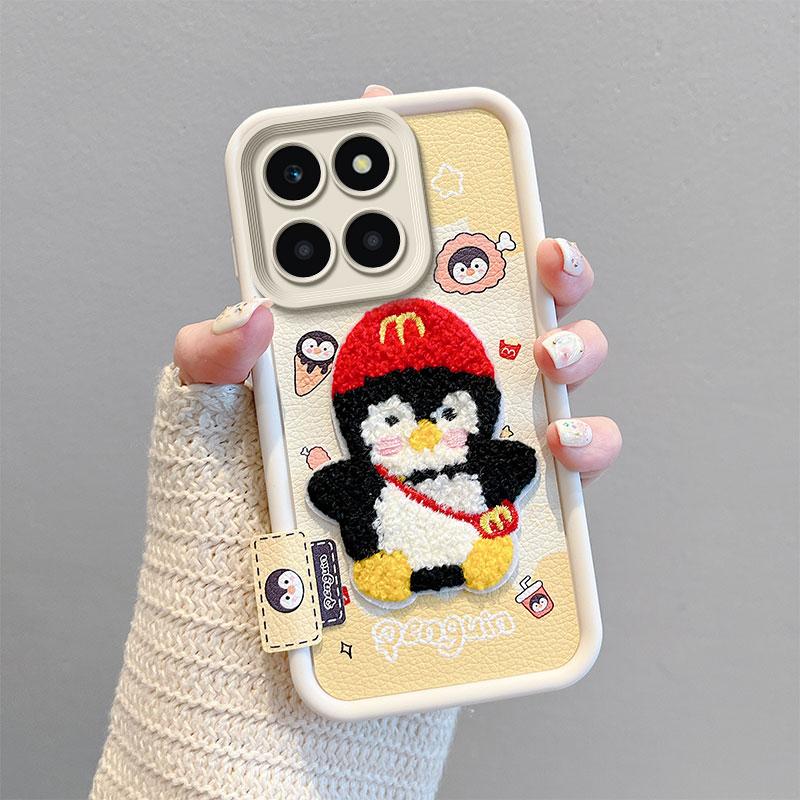 KEYSION Cartoon Cute Plush Embroidery Case for HONOR X6b X8c with Lanyard Silicone Shockproof Phone Cover for Huawei Honor X8c X6b