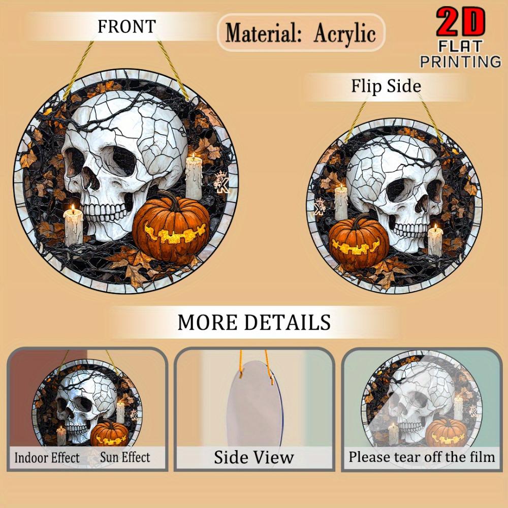 Halloween Skull and Pumpkin Stained Glass Pendant Sun Catcher -  Acrylic Garden Decoration with Candles and Fall Leaves, Outdoor Halloween Decoration,