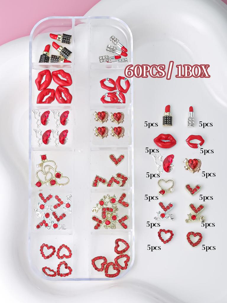 Valentine's Day Heart Perfume Bottle Mouth Lipstick Nail Charms 1Box(60pcs) 3D Alloy Nail Art Decorations DIY 2025 Gift For Girls