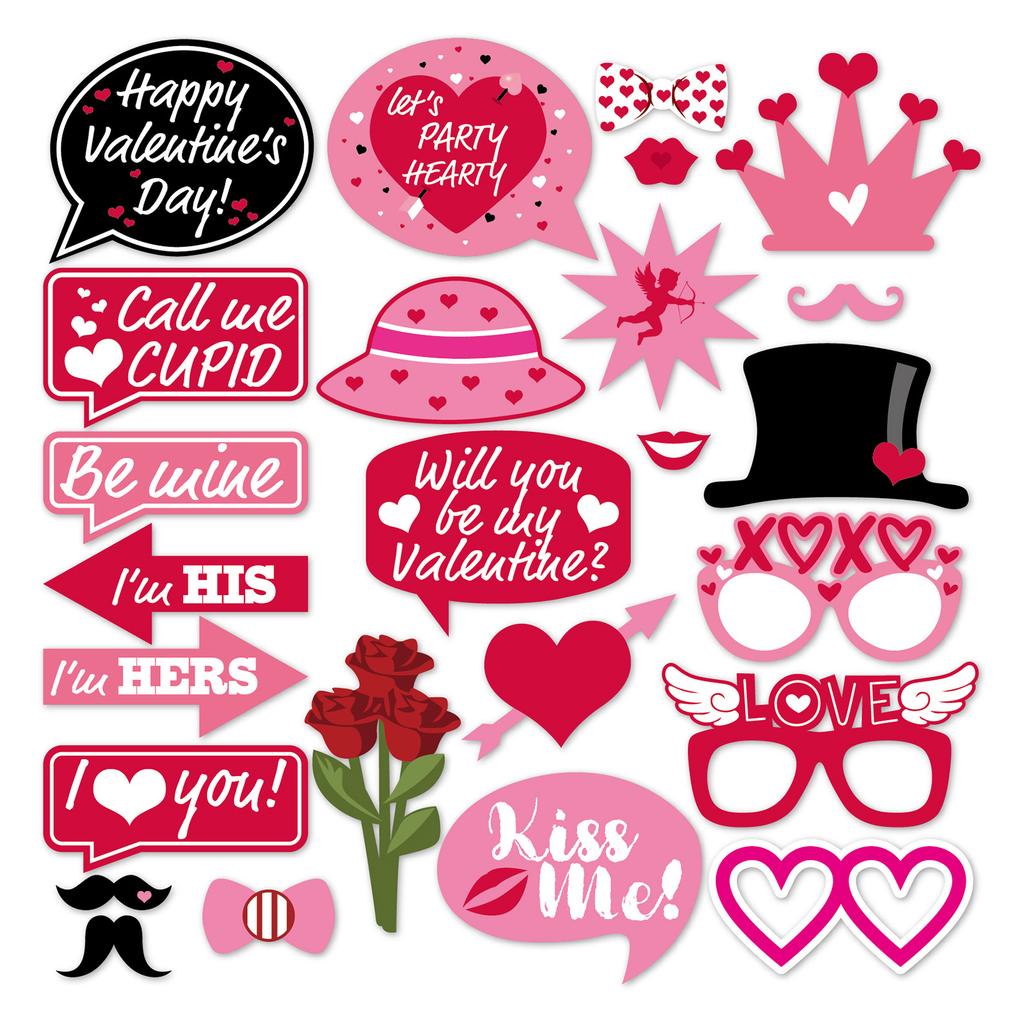 Valentine Day Photo Props Kit Photo Booth Party Supplies 25 Set Paper Cards Dot Glue Sticks