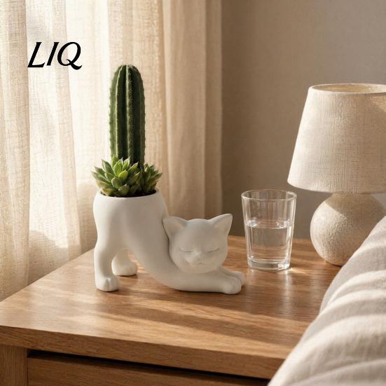Small Cactus Flowerpot 3D Printed Stretching Cat Planter Pot, Cute Kitty Succulents Creative Lazy Statue Decor Animal Flowerpot, Lovely Kitten
