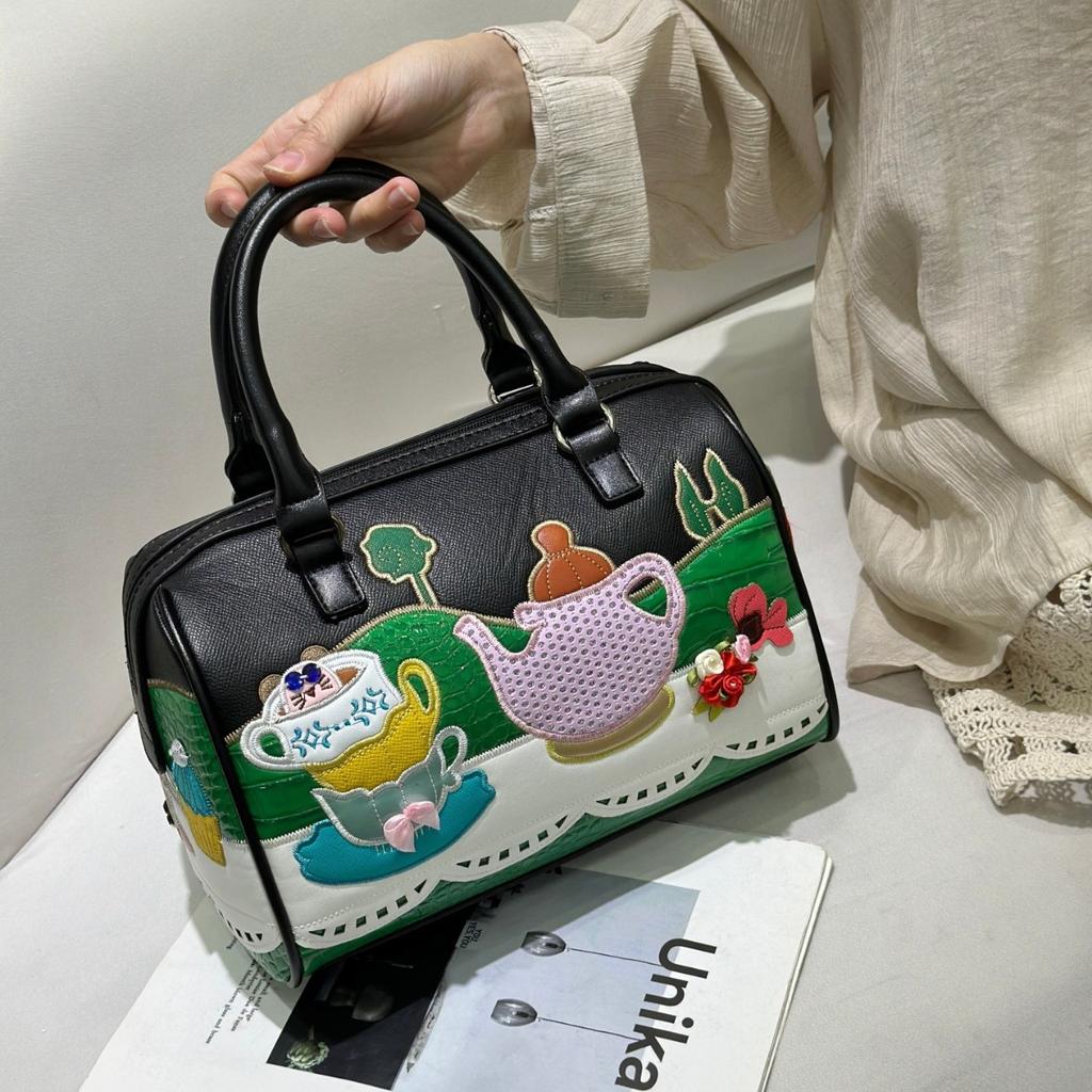 Bag Female Creative Boston Bag Cartoon Embroidery Splicing Shoulder Handheld Crossbody Bag Pillow Bag