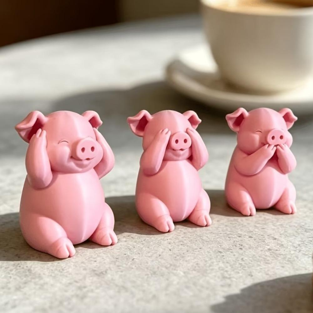 3 Stück 3D-Druck Rosa Schweinefigur Cartoon-Ferkelfigur Lustige Schweinestatue Schlafzimmerdekoration