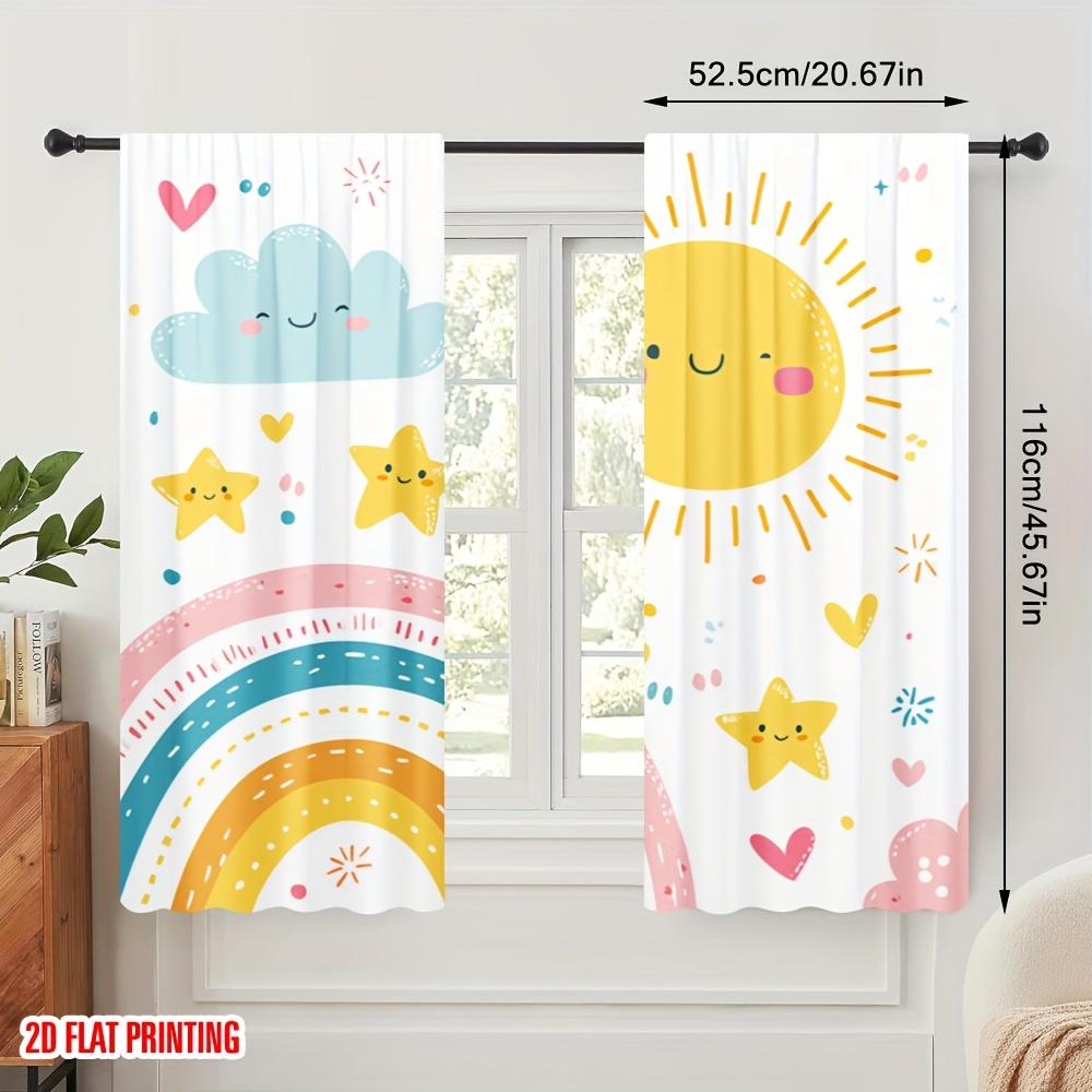 Cute Sun Rainbow Cloud Star Printed Curtains Set of 2 for Kids Room Bedroom Window Treatment Digital Print Blackout