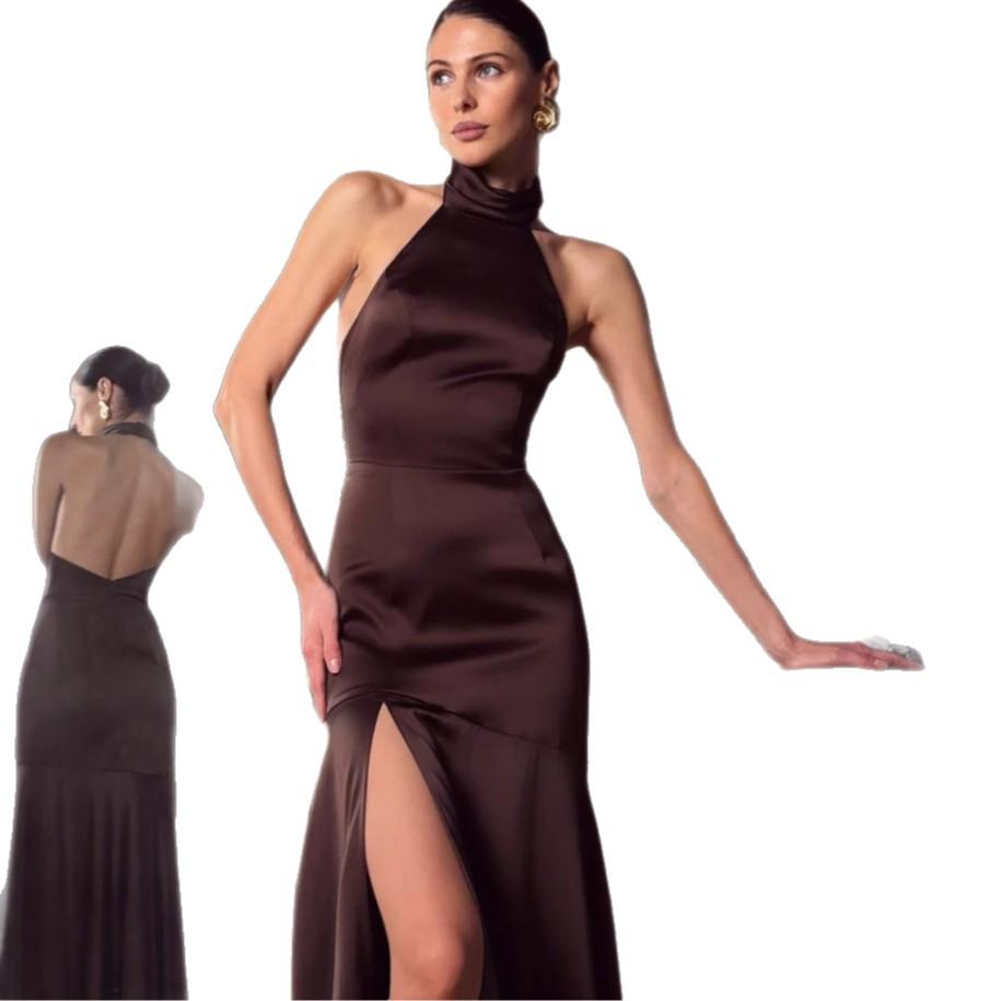 Robe d'été 2025 en satin à taille haute et col halter avec fente - Style européen et américain