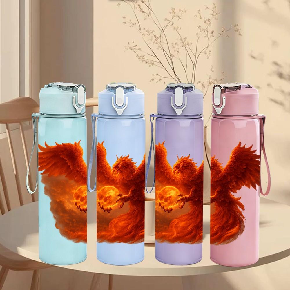 1PC Orange Red Phoenix Bird Wing Print 750ml Color Plastic Sports Water Bottle Leakproof Flip Straw Lid Suitable for Sports Office Home Use