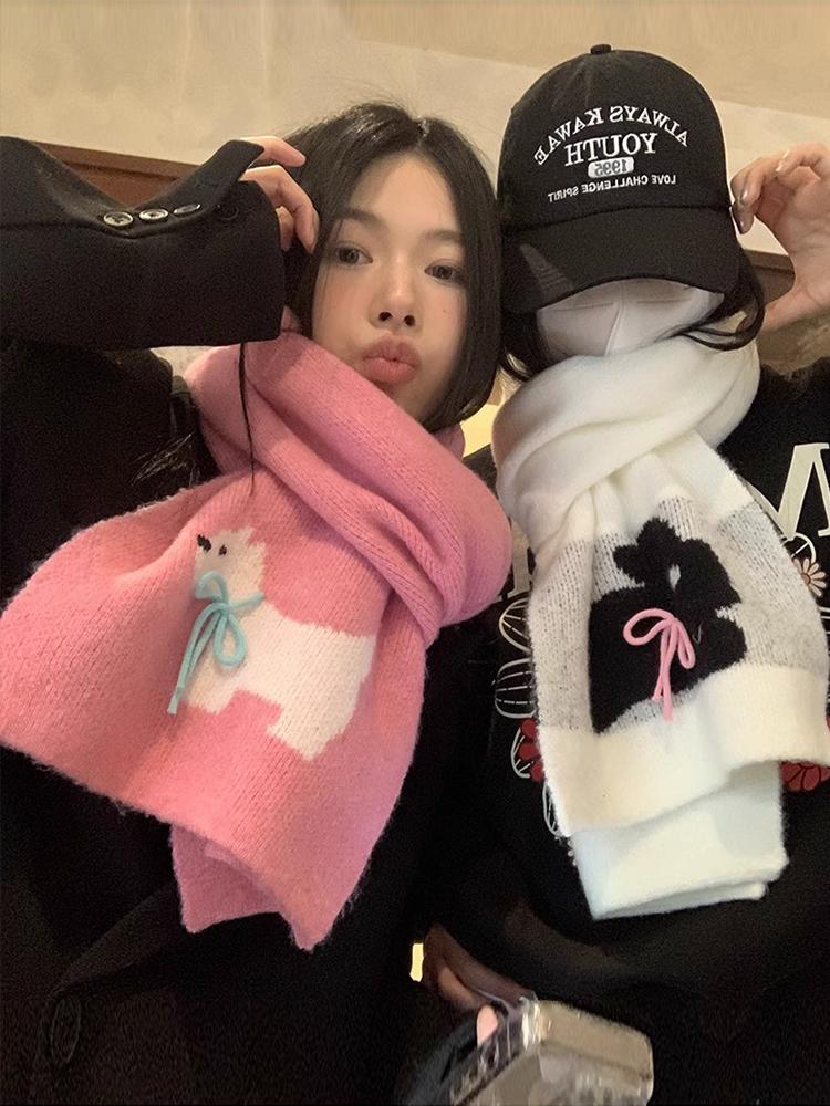 Women Winter Sweet Knitted Scarf Headscarf Ladies Casual Preppy Rabbit Print Warm Scarve Mujer Foulard Wrap Shawl Fashion New