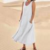 Summer Pocket Sleeveless Round Neck Women's Cotton and Linen Dress Lady Loose Solid Color Pullover Big Swing Dress