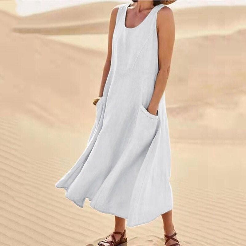 Summer Pocket Sleeveless Round Neck Women's Cotton and Linen Dress Lady Loose Solid Color Pullover Big Swing Dress