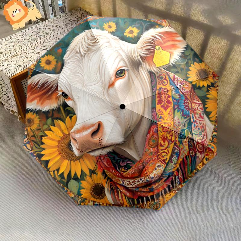 1 PC Automatic Folding Umbrella - Cow with Sunflowers Pattern, Portable & Foldable Design with 8 Ribs, Christmas Birthday Gifts