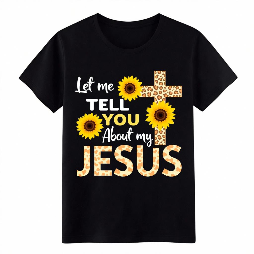 Unisex Jesus Sunflower Print T-Shirt-Leopard Cross Faith Graphic Tee Multi-Color