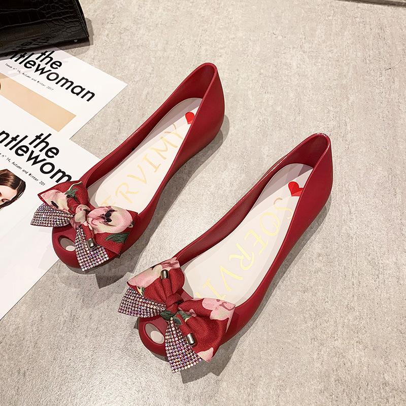 Fashion Sexy Peep Toe Mixed Color Silk Bow Flats Women Candy Color Jelly Shoes Double Layer Bowtie Ballet Shoes Summer Beach Shoes