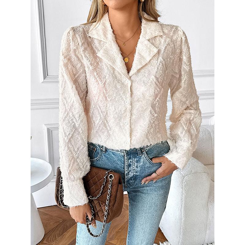 

Spring And Autumn Women New Single Breasted Cardigan Suit Collar Long Sleeved Jacquard Blouse Elegant Office Lady Shirts XL