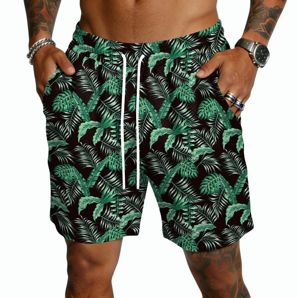 Men Drawstring Casual Shorts Lightweight Quick Dry Five Inch Inseam Relaxed Fit with Hawaiian Print for Daily Wear Beach Sports