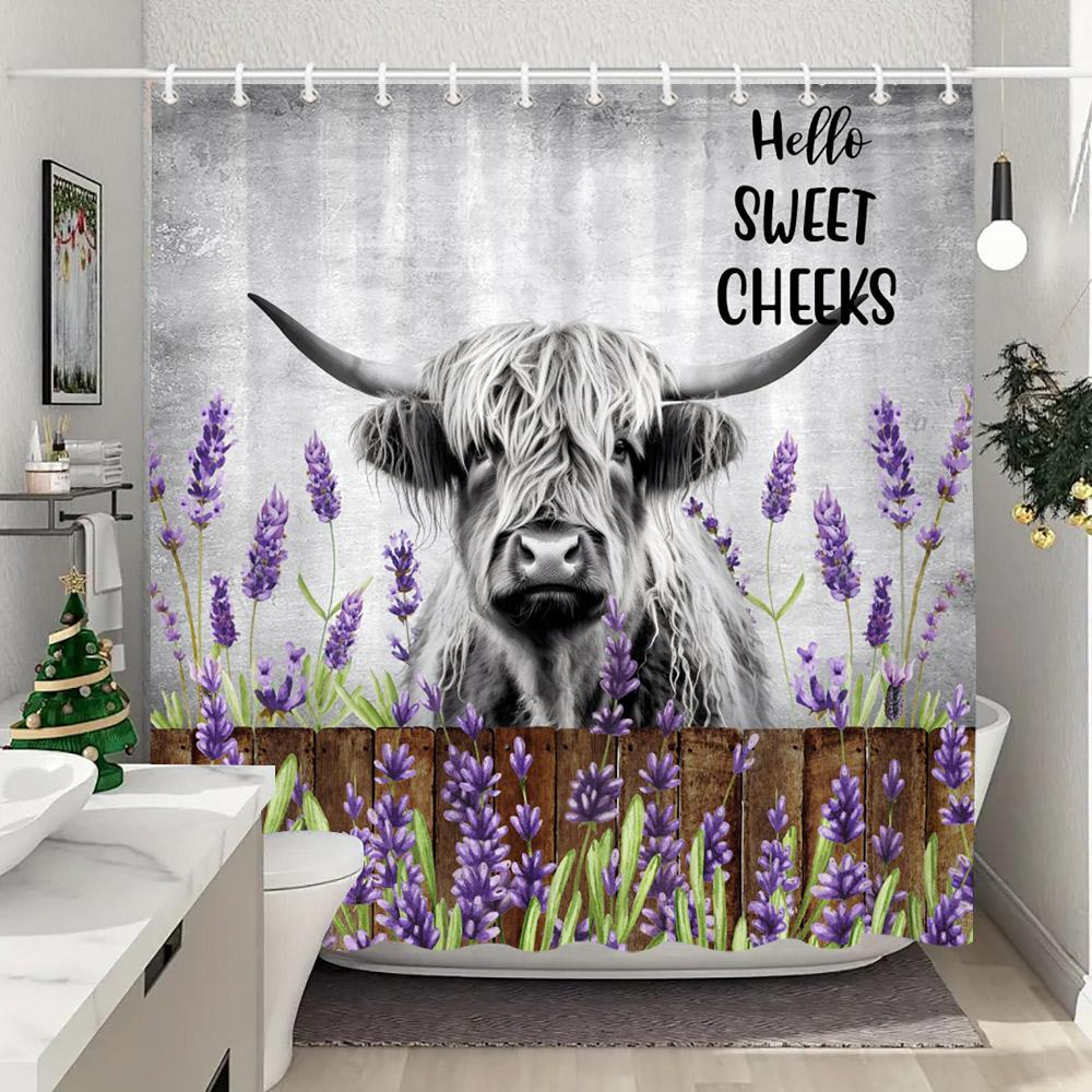 Funny Highland Cow In Bathtub Shower Curtain Green Plants Eucalyptus Leaves Sunflower Lavender Shower Curtains Bathroom Decor