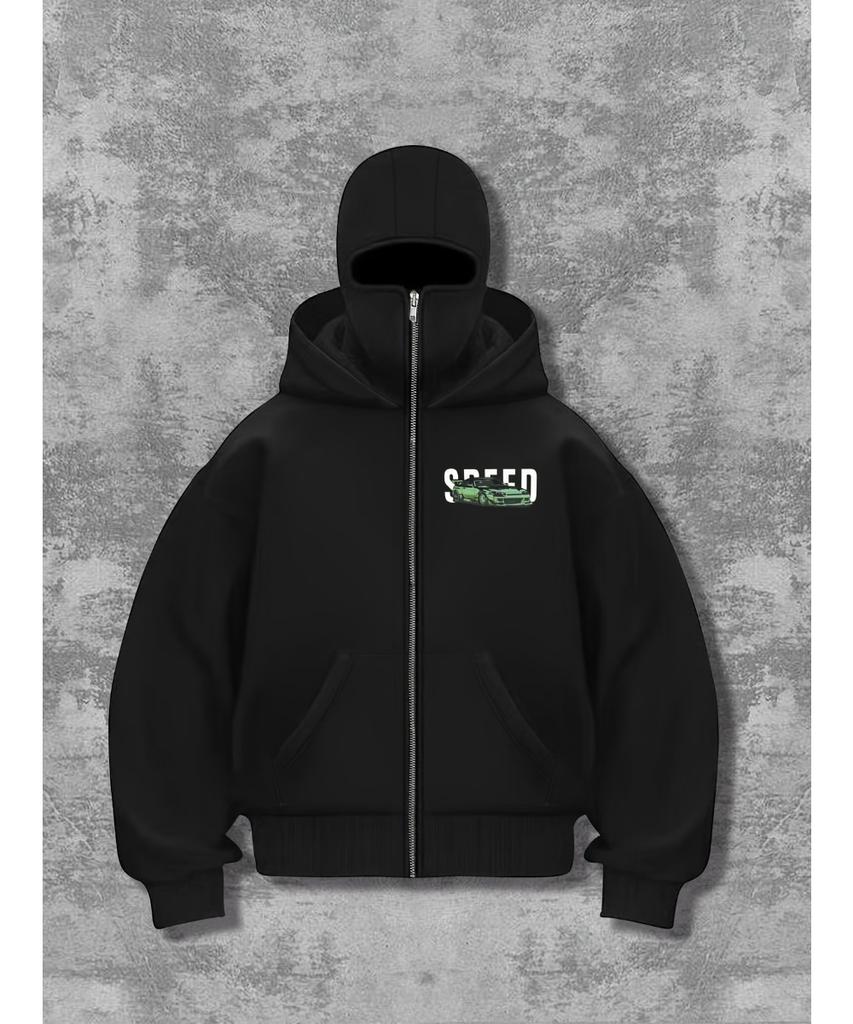 Men's Black Hooded Sweatshirt with Green Racing Print - "speed" Design, "loyal To You" Zipper Sweatshirt