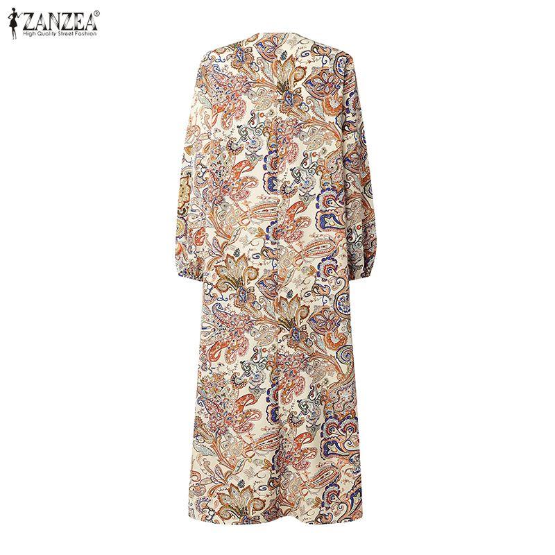ZANZEA Abito Musulmano da Donna a Manica Lunga, Collo a V, Vestibilità Larga, Casual, con Stampa Etnica