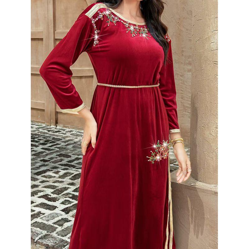 New Arrival Ethnic Style Velvet Hand Sewing Drill Ribbon Dress Velvet Hand Sewn Diamond Dress