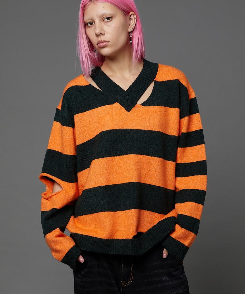 HOODHOOD Striped Cutout V-Neck Knit Orange