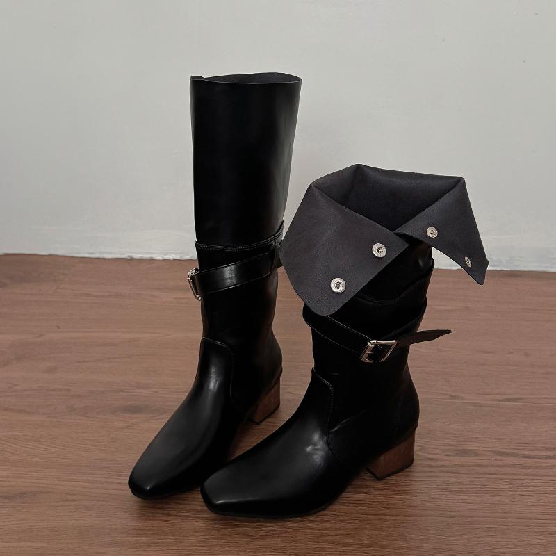 Herbst Plissiert Damen Western Cowboy Stiefel Mode Gürtelschnalle Dicke Absätze Schuhe Streetstyle Slim Knight Lange Stiefel Für Damen