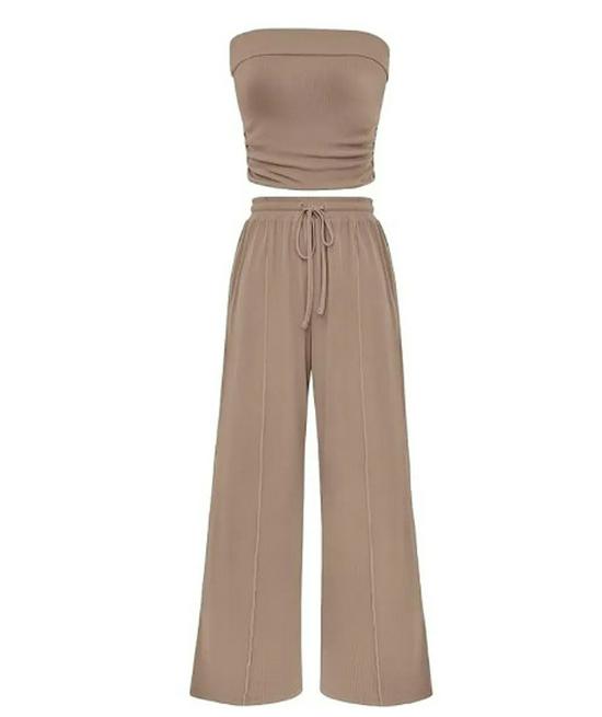 2026 European & American Fashion Casual Solid Color Bandeau Top and Pants Women's Set - Vacation Style
