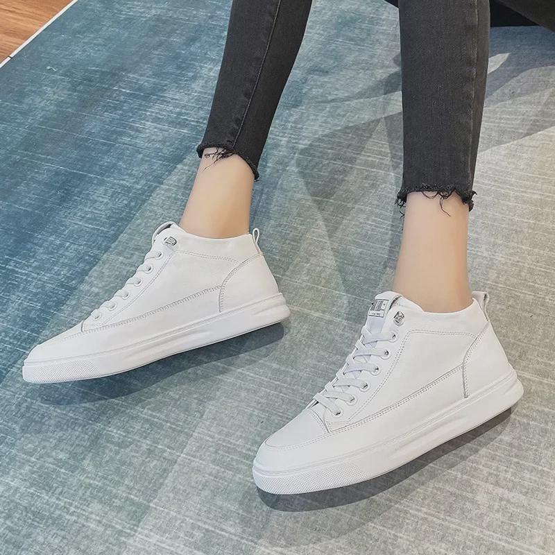 Dámské bílé kotníkové boty z pravé kůže - podzim/zima 2025, univerzální styl, plus samet, první vrstva hovězí kůže, ideální na běhání a cestování.