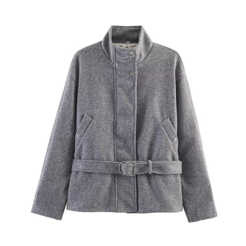 Womens Oversized Wool Blend Zip-Up Stand Collar Jacket With Waist Belt 2026 Streetwear Loose Fit Mid-Length Coat