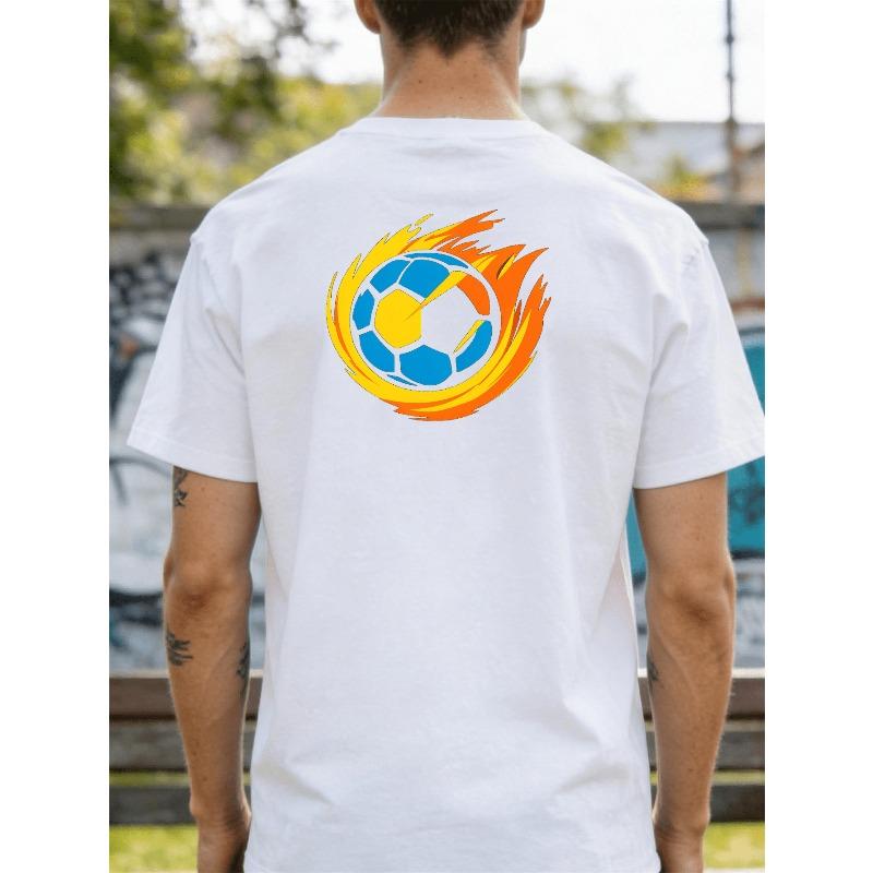 European sizes Men's Round Neck T-Shirt- White Football Flame Pattern Short Sleeve Shirt Casual Style for Sports Fans, for Sports Competition Wear