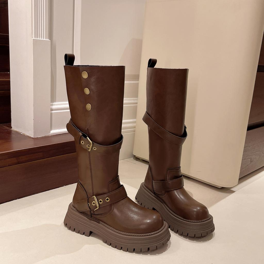 Winter Punk Style Women Knee High Boots Designer Belt Buckle Slip On Shoes Elegant Thick Bottom Knight Long Botas Largas Mujer