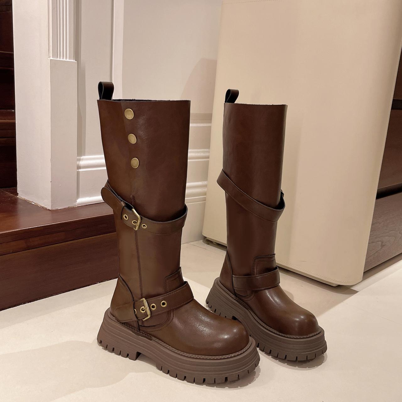 

Зимний Панк Стиль Женские Сапоги до Колена Дизайнерская Пряжка на Ремне Обувь Слипоны Элегантная Толстая Подошва Рыцарские Длинные Сапоги Женские 35