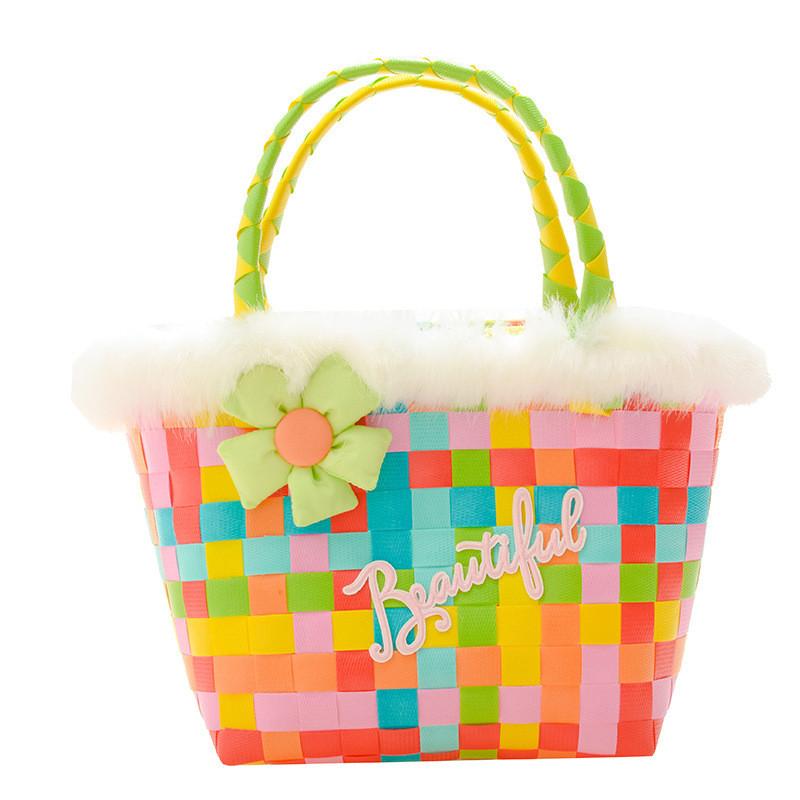 Stylish Children's Woven Handbag Colorful Crochet Tote Bag For Girls With Floral Design