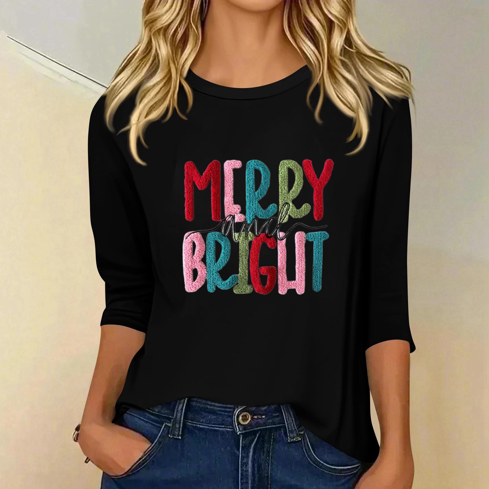 

Женский модный повседневный топ с рукавом три четверти и рождественским принтом, с круглым вырезом XXL чёрный