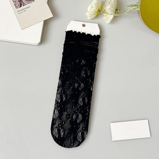 1 Pair Women Socks Hollow Lace Solid Color Mid-tube Thin Anti-slip High Elasticity Sweat-absorption Anti-shrink Daily Piled Socks