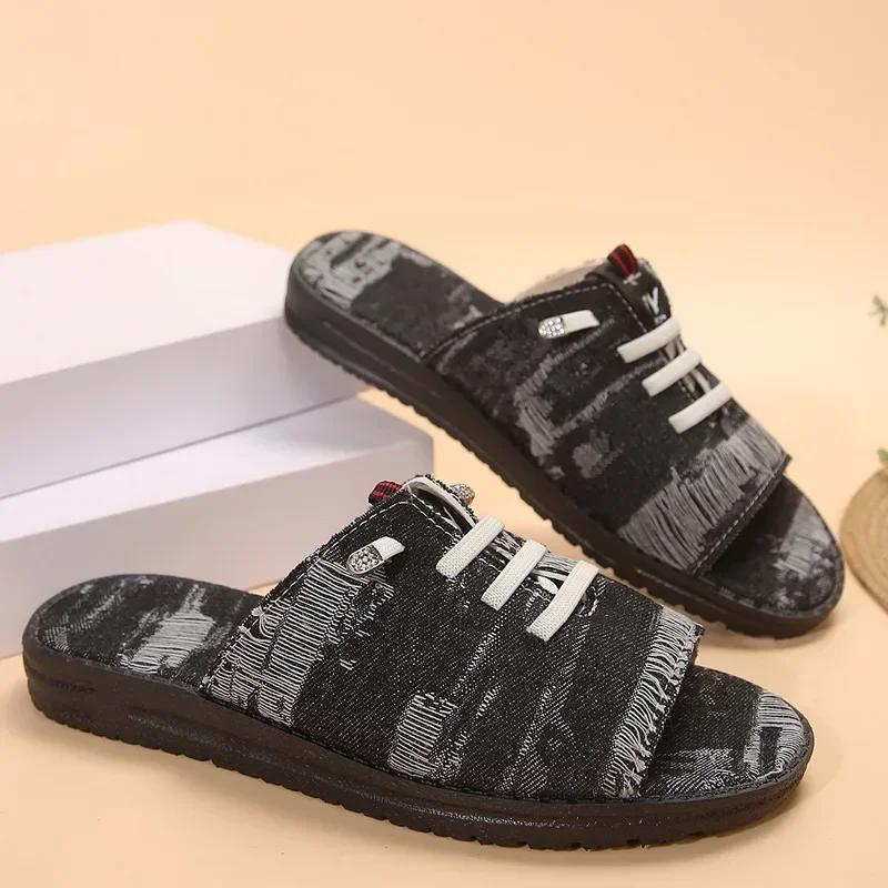 2026 New Canvas Slippers for Women Summer Breathable Sandals Open Toe Ladies Denim Comfort Flat Shoes Zapatos Mujer Size 43