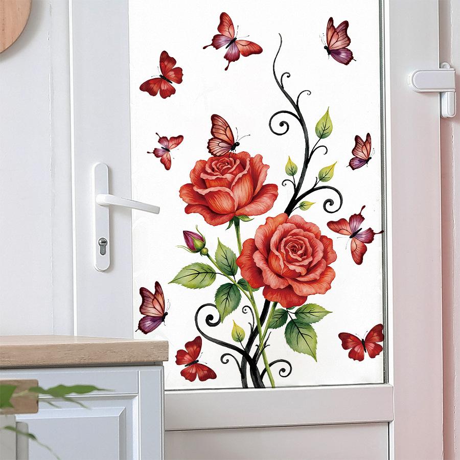 Romantic Vintage Red Rose Butterfly Wall Stickers, Self-Adhesive Decor for Living Room Bedroom Wall Decoration