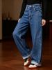 European & American Women's Plus Size Stretchy Dark Blue Straight Leg Casual Jeans