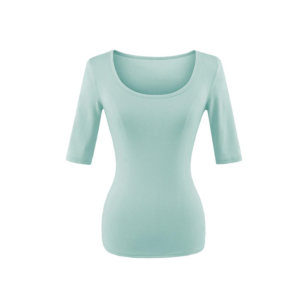 U-neck slightly transparent medium-sleeved T-shirt women's summer new American Spice Girl style solid color sexy slim-fitting bottoming shirt top