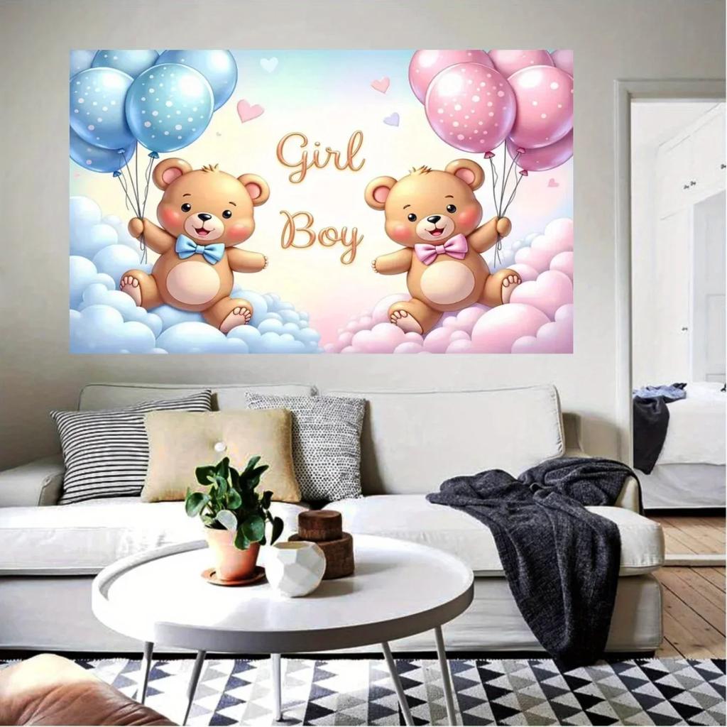 A Banner for a Gender Reveal Party, Featuring Designs of Bears, Clouds and Pinkish-blue Balloons.