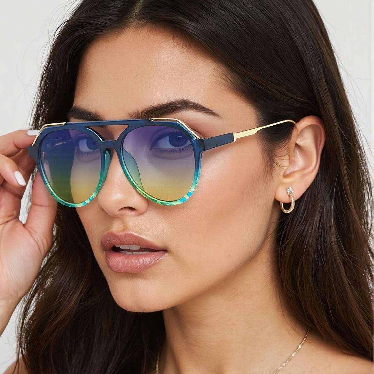 Attractive Glasses Women's Purple Vintage Sunglasses For Colorful Gradient Lenses, Fashionable Glasses Double Bridge Glasses Metal Decoration For Men