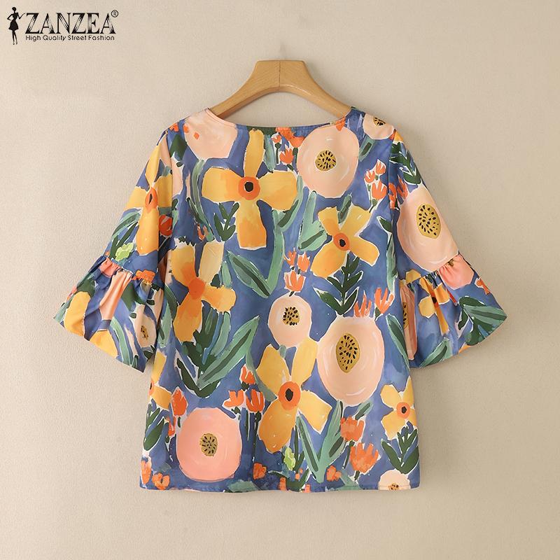 ZANZEA Women Summer V-Neck Casual Floral Print Short Sleeve Blouse