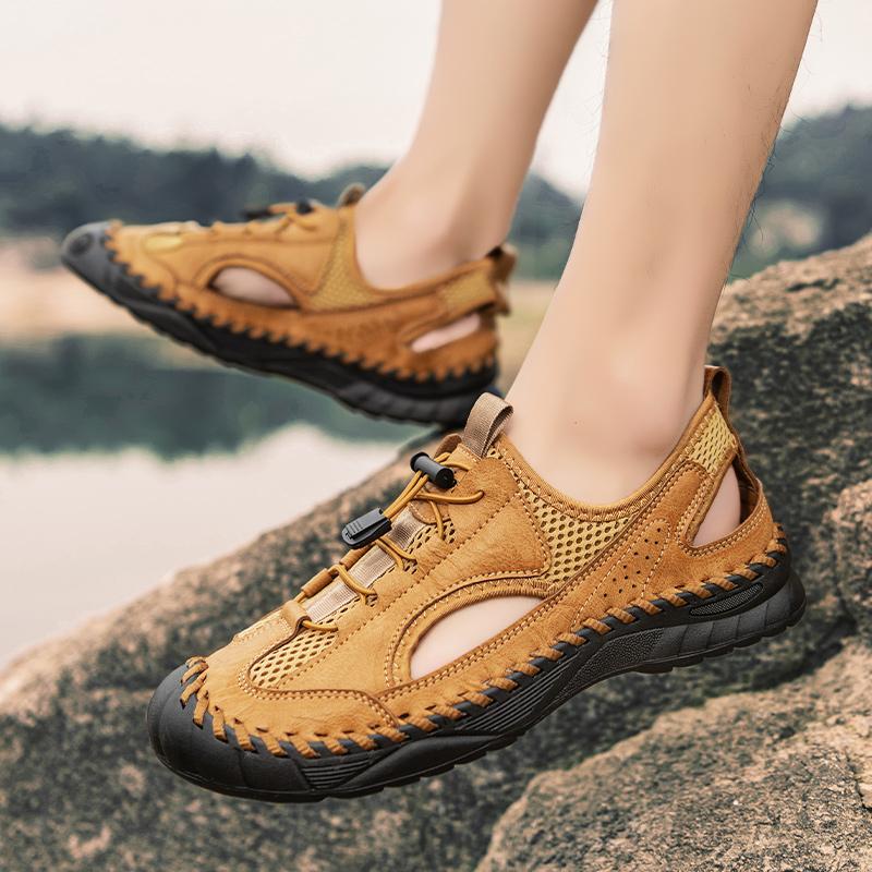 Herren-Sandalen aus Mikrofaser-Leder, handgenäht, atmungsaktives Mesh, lässig, weich