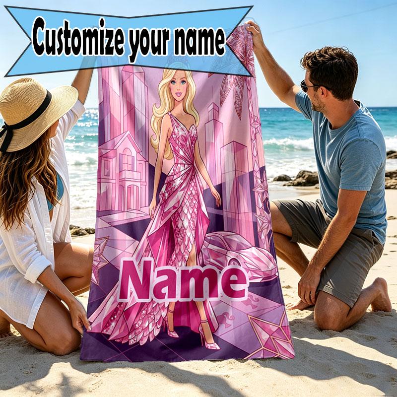 Custom Name Personalized Barbie Print Beach Towel, for Trip Camping Beach Party Home Decor, Birthday Gift for Family & Friends