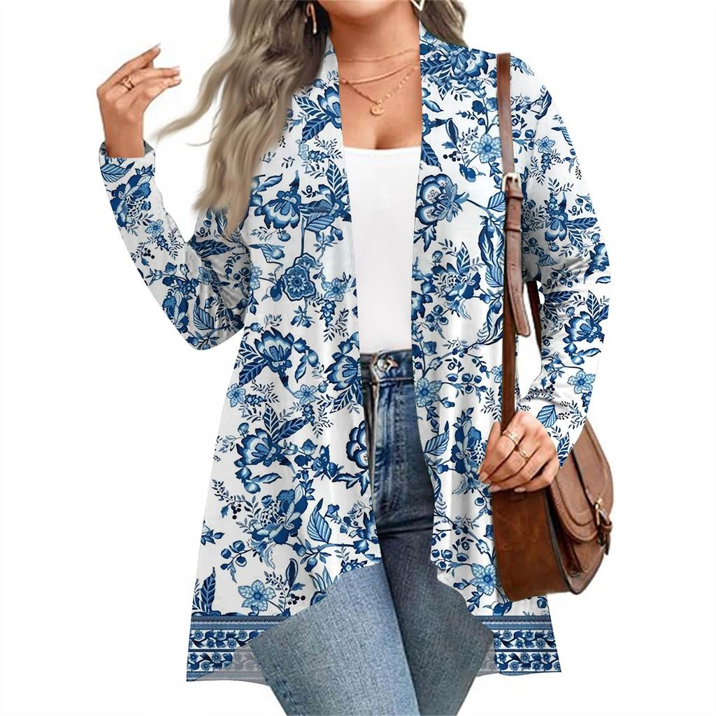 Women's Fall And Winter Fashion Casual Print Long Sleeve Mid-Length Cardigan Jacket