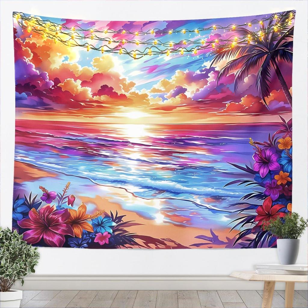 Tropical Sea Tapestry Blue Wave Palm Trees Wall Hanging, Summer Ocean Theme Cartoon Wall Blanket Home Artwork, Kids Girls Room