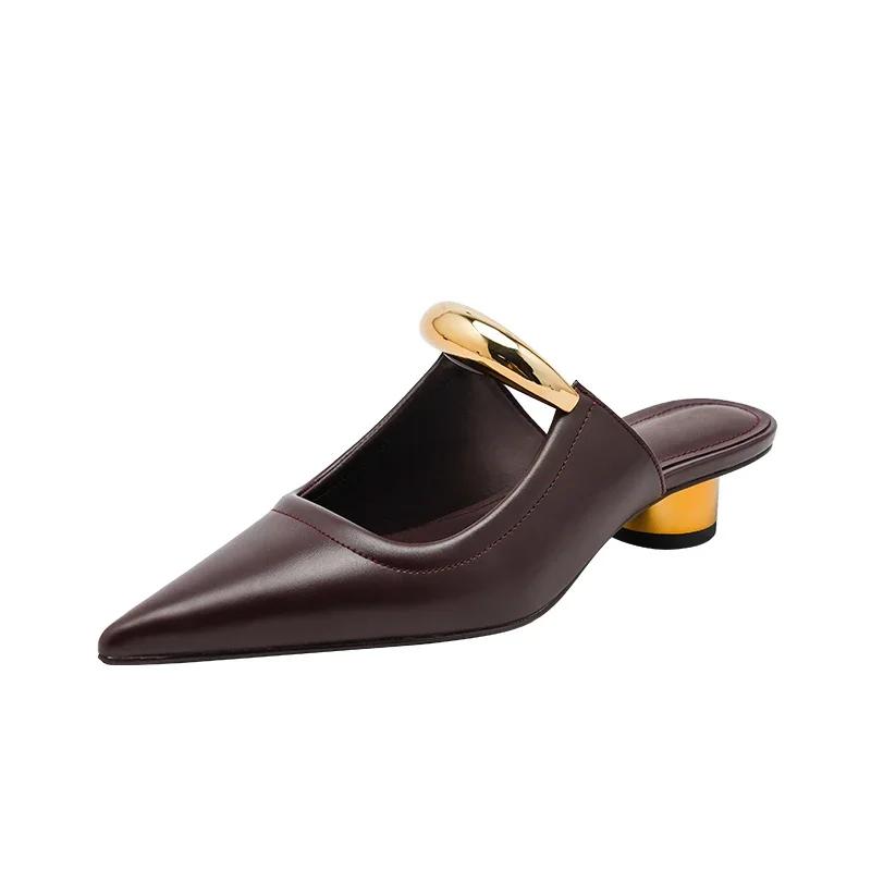 Fashion Punk Gothic Metal Buckle Low Heels Sandals Women 2024 New Pointed Toe Thick Heeled Summer Slippers Woman Platform Muller Shoes