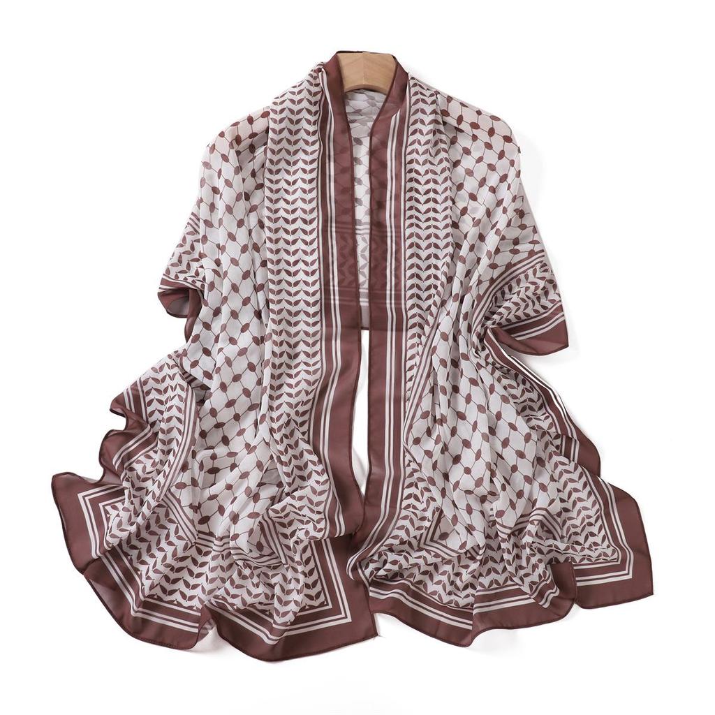 Arabic Pearl Chiffon Desert Hijab: Long Printed Silk Scarf & Sunscreen Headscarf