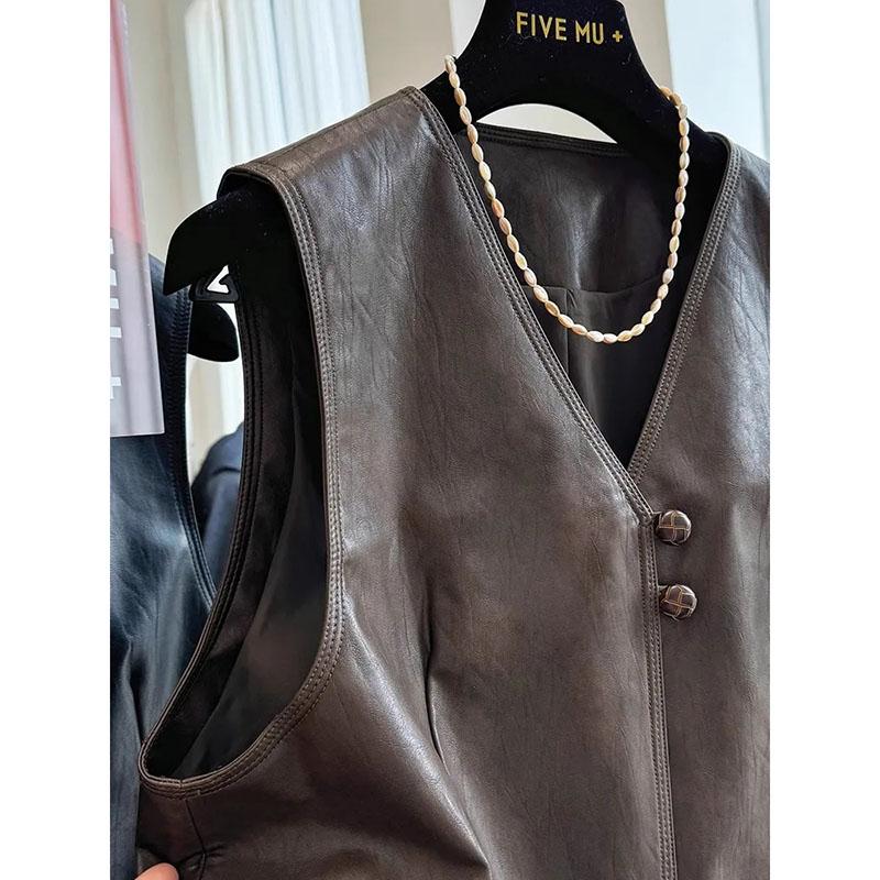 Spring Autumn Retro Style Fashion Women's Suit Vest Jacket Sleeveless Korean Version Ladies Leather WaistCoat Coat