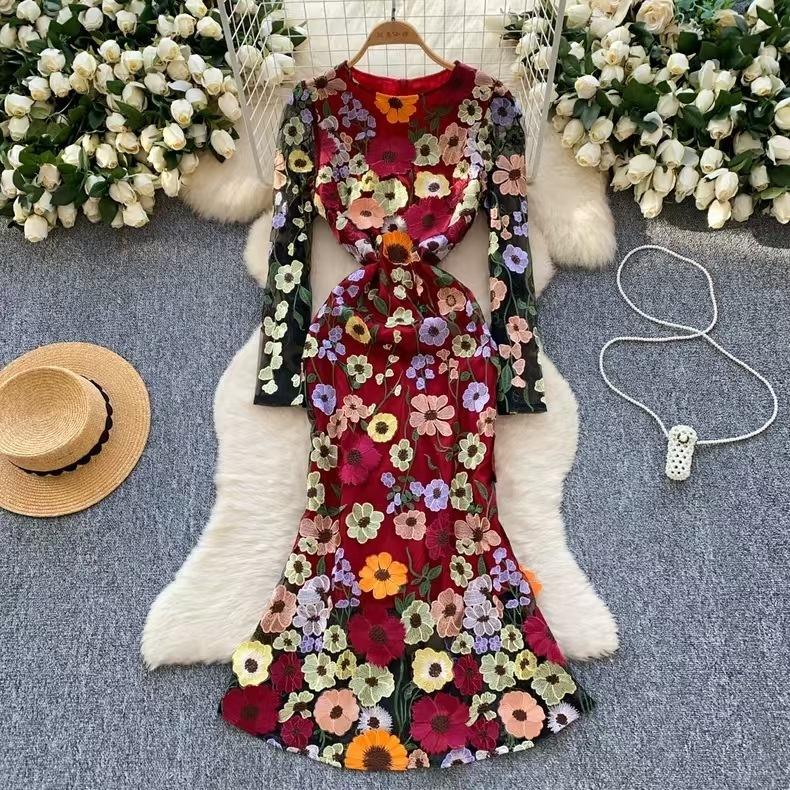 Rochii maxi lungi elegante cu broderie de flori 3D pentru femei Vacanta de vara Rochii de petrecere de seara cu coada de pește Creion